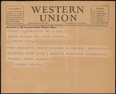 Ricardo Trevino telegram, in Spanish, to Sacco-Vanzetti Defense Committee, Mexico City, Mexico, August 9, 1927