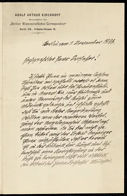 Kirchoff, Adolf Arthur, fl.1896 autograph letter signed to Hugo Münsterberg, Berlin, 01 November 1896