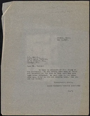 Sacco-Vanzetti Defense Committee typed note (copy) to James P. Cannon (International Labor Defense), Boston, Mass., May 9, 1927