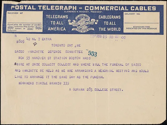 A. Gurian telegram to Sacco-Vanzetti Defense Committee, Toronto, Ontario, August 23, 1927