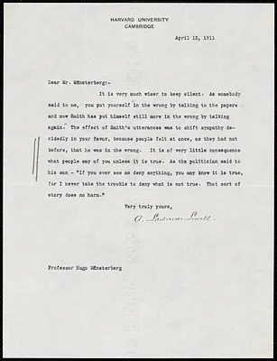 Lowell, A. Lawrence (Abbott Lawrence), 1856-1943 typed letter signed to Hugo Münsterberg, Cambridge, Mass., 12 April 1911