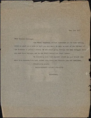Sacco-Vanzetti Defense Committee typed letter (copy) to Warren K. Billings, Boston, Mass., January 3, 1927