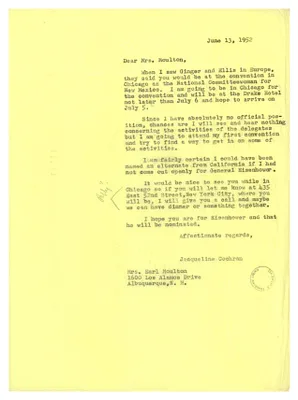Letter from Jacqueline Cochran to Mrs. Earl Moulton