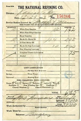 Receipt from the National Refining Company to Bess W. Truman