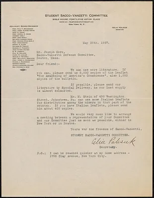 Celia Polisuk (Student Sacco-Vanzetti Committee) typed letter signed to Joseph Moro, New York, N.Y., May 25, 1927