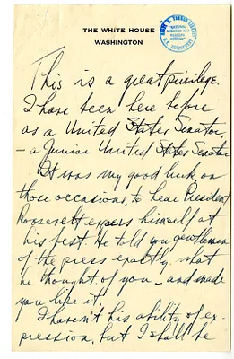 Handwritten Draft of Gridiron Dinner Remarks by President Harry S. Truman