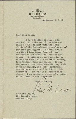 Robert Morss Lovett (The New Republic) typed letter signed to Ann Cranton, New York, N. Y., September 6, 1927