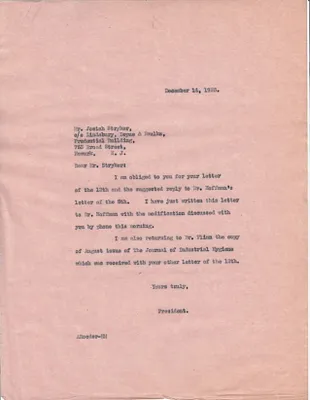 Letters Sent to Josiah Stryker, December 14, 1925