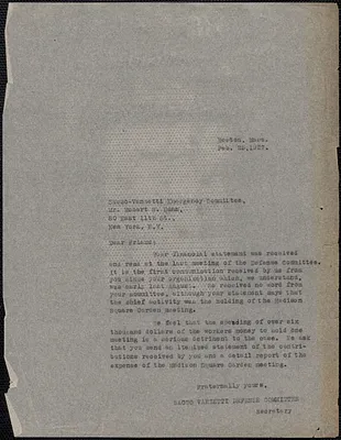 Sacco-Vanzetti Defense Committee typed letter (copy) to Robert W. Dunn (Sacco-Vanzetti Emergency Committee), Boston, Mass., February 25, 1927
