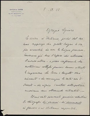 Antonio Coen autograph letter signed, in Italian, to Sacco-Vanzetti Defense Committee, Paris, France, December 8, 1926
