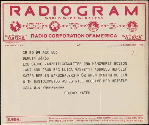 Souchy Kater telegram to Sacco-Vanzetti [Defense] Committee, Berlin, Germany, August 30, 1927
