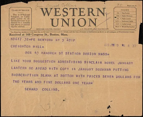 Seward Collins telegram to Creighton Hill, New York, N. Y., January 9, 1928