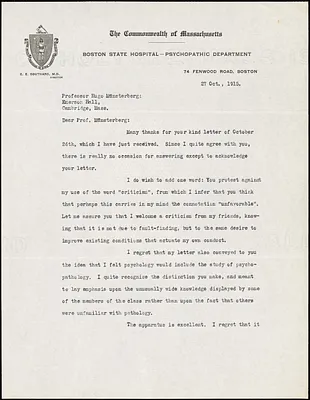 Adler, Herman M. (Herman Morris), 1876-1935 typed letter signed to Hugo Münsterberg, New York, 27 October 1915