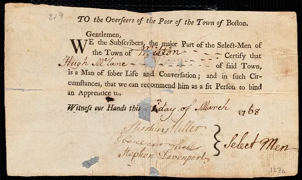 Margarett Cherry indentured to apprentice with Hugh McLean of Milton, 19 March 1768