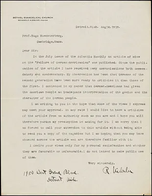 Niebuhr, Reinhold, 1892-1971 typed letter signed to Hugo Münsterberg, Detroit, Mich., 14 August 1916