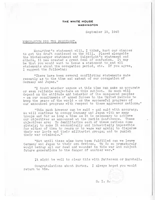 Memorandum from Samuel Rosenman to President Harry S. Truman