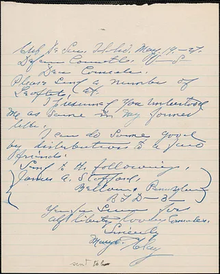 Mary E. Clay autograph letter signed to Sacco-Vanzetti Defense Committee, May 19, 1927