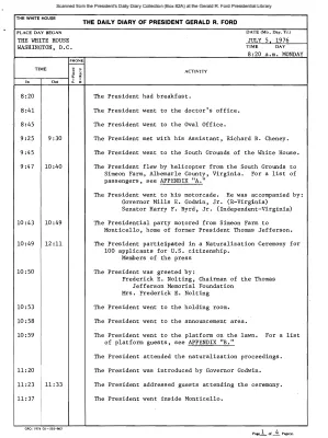 President Gerald R. Ford's Daily Diary, July 05, 1976