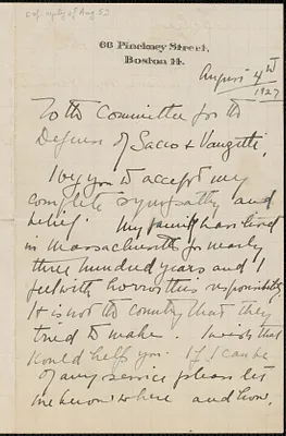 Catharine Sargent Huntington autograph letter signed to Sacco-Vanzetti Defense Committee, Boston, Mass., August 4, 1927resp