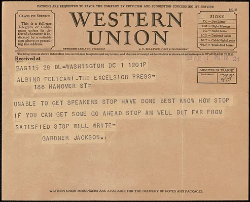 Gardner Jackson telegram to Aldino Felicani, Washington, D. C., August 11, 1933