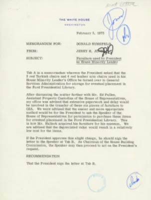 Memorandum from Jerry H. Jones to Donald Rumsfeld Regarding Furniture Used by President Gerald R. Ford as House Minority Leader with Attachments