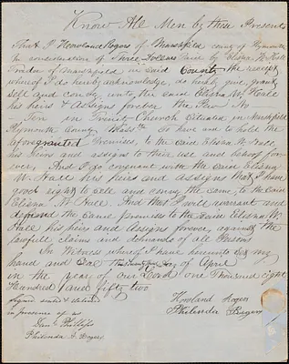Deed of pew conveyance from Howland Rogers to Elisha W. Hall
