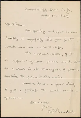 C. Randall autograph letter signed to Sacco-Vanzetti Defense Committee, Woodcliff Lake, N.J., August 11, 1927
