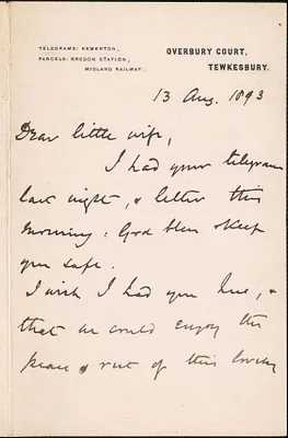 [John Biddulph Martin] autograph note signed to [Victoria Woodhull Martin], Tewkesbury, [England], August 13, 1893
