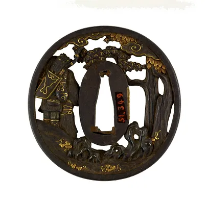 Tsuba with Two Figures with a Chinese Lion-Dog