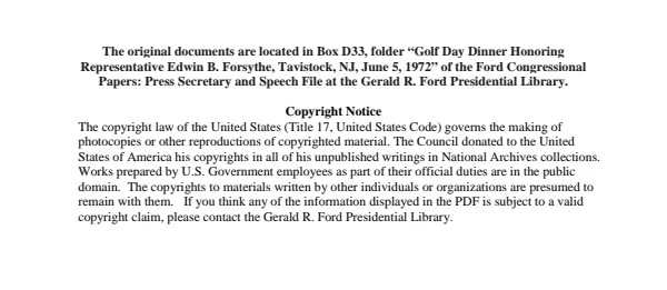Golf Day Dinner Honoring Representative Edwin B. Forsythe, Tavistock, NJ, June 5, 1972