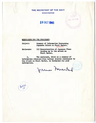 Memorandum from Secretary of the Navy James Forrestal to President Harry S. Truman, with Attachment