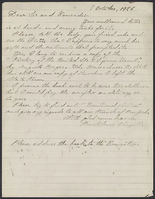 Sacco-Vanzetti Case Records, 1920-1928. Correspondence. Bartolomeo Vanzetti to Leonard Abbott, October 7, 1926. Box 39, Folder 5, Harvard Law School Library, Historical & Special Collections