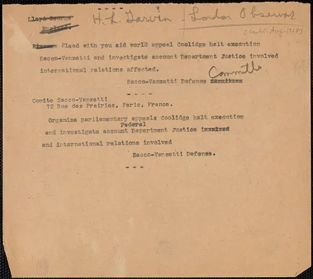 Sacco-Vanzetti Defense Committee telegram (copy) to H.L. Garvin, Boston, Mass., approximately [August 20, 1927]