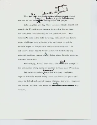 Draft Page Three of the Last Section of the March 31, 1968 Speech by Lyndon Johnson