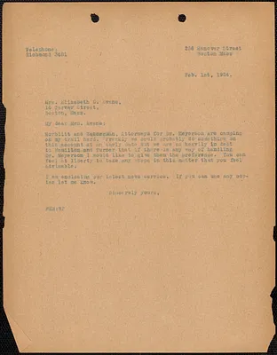 [Fred H. Moore] typed letter (copy) to Elizabeth G[lendower] Evans, Boston, Mass., February 1, 1924