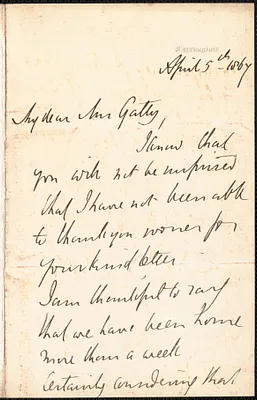 Emily Tennyson autograph letter signed to Mrs. Gatty, Farringford, [Isle of Wight], 5 April 1867