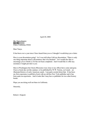 Letter to Tanya Komas From Dr. Dr. Robert J. Kapsch Regarding Dissertation, April 20, 2004