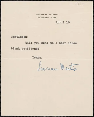 Lawrence Martin typed note signed to Sacco-Vanzetti Defense Committee, Bradford, Mass., April 19, [1927]