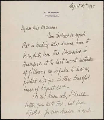Ellen Woods autograph letter signed to Mary Donovan, Haverford, Pa., August 30, 1927