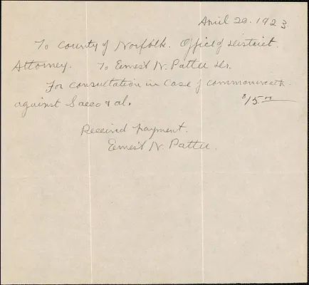 Receipt for payment from Office of District Attorney (County of Norfolk) to Ernest N. Pattee for legal consultation
