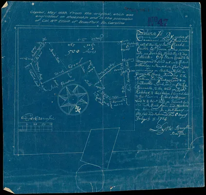 Carolina is by vertue of a warr and under of hand and se all of the Right Honble. Charles Craven, Esqt. Governr. of this province unto me directed, dated the 13 day of March - 1714 I have caused to be ad measured & laid out unto Robert Wilkinson a plantation cont. 500 acres lying on Port Royall jsts in Gromvelle County bounding to the north on John Greatons land & on Jno. Howells lands, and on Coll. John Barnwells, to the west on Rich Hatcher, to the s. west on vacant land to the s. east on Robert Wilkinson land & to the n. east on vacant land and auth such form and marks as are represented in a plat hereof certefied and returned this 6 day of July 1714