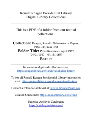 Press Releases - April 1967 [04/01/1967 - 04/15/1967]