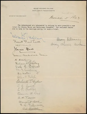Jeannette Marks et al typed letter signed to Sacco-Vanzetti Defense Committee, South Hadley, Mass., March 5, 1923