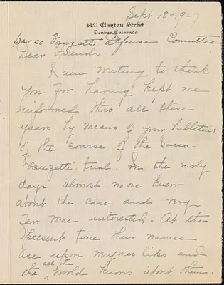 Grace M. Kassler autograph letter signed to Sacco-Vanzetti Defense Committee, Denver, Colo., September 18, 1927