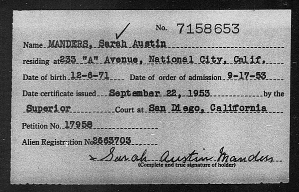Manders, Sarah Austin - 1953