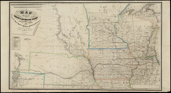 Map showing location of the Chicago & Northwestern Railway with its branches & connections through Illinois, Iowa, Nebraska, Wisconsin, Minnesota, Michigan