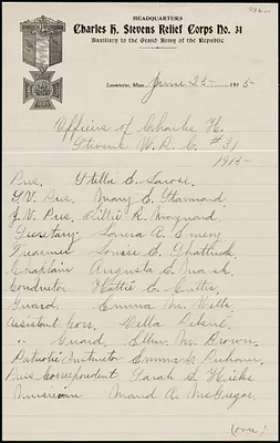 Charles H. Stevens Women’s Relief Corps #31, Leominster, list of 1915 officers, dated June 25, 1915