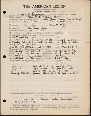 American Legion military record of Dudley Porter Ranney