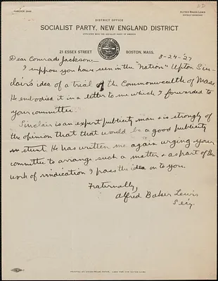 Alfred Baker Lewis (Socialist Party, New England District) autograph letter signed to Gardner Jackson, Boston, Mass., August 24, 1927