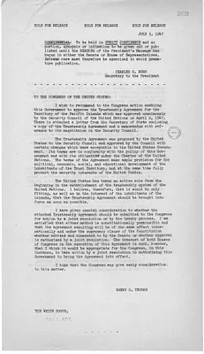 Press Release, Statement by the President and Letter from President Harry S. Truman to the Congress of the United States